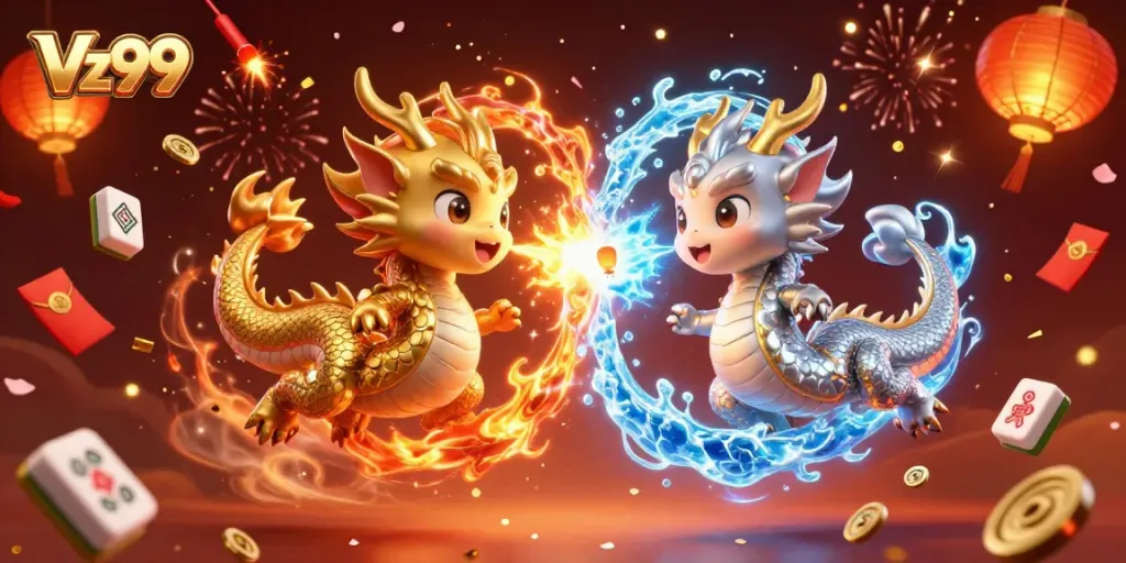 Experience the thrills of Vz99 in a vibrant casino illustration featuring dragons and festive elements.