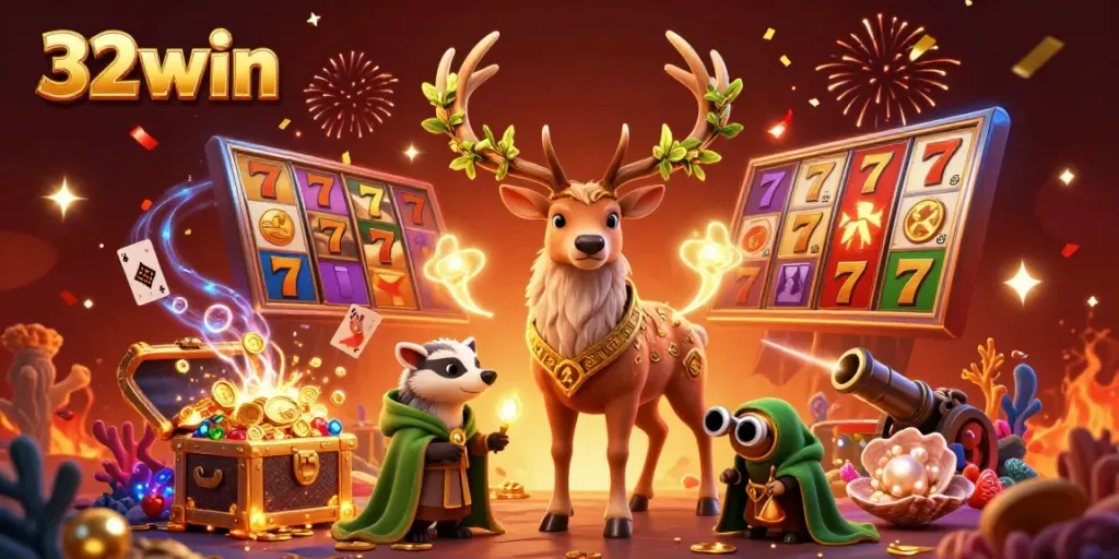 Engage with the thrill of gaming at 32win with an enchanting 3D casino scene showcasing characters and vibrant slot elements.