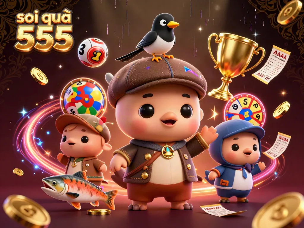 Soi cầu 555 showcases dynamic lottery elements with vibrant characters in a rich casino scene.