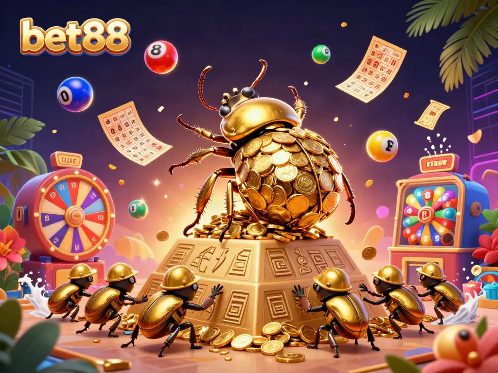 Bet88 colorful casino scene with golden beetles rolling coins, vibrant lottery elements, and dynamic energy.