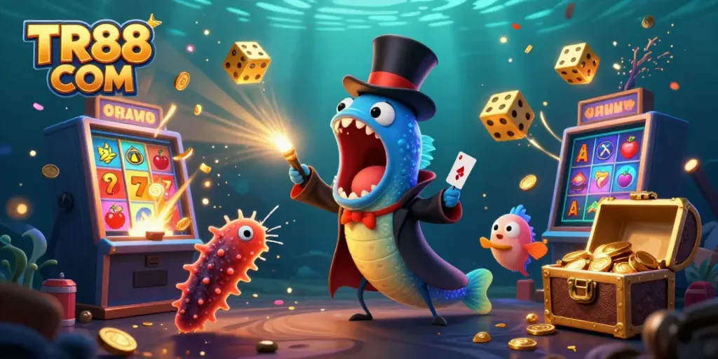 Experience thrilling magic and excitement with TR88 COM, featuring underwater characters and lively casino elements.