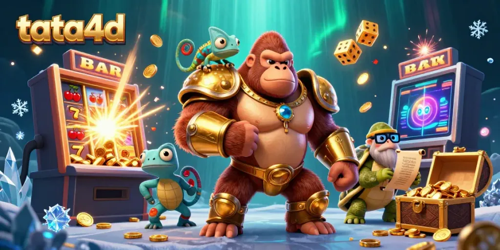 Experience thrilling wins with tata4d as a powerful gorilla reveals jackpot symbols in a dynamic casino scene.