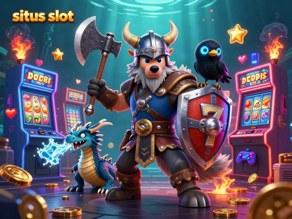Situs slot illustration showcasing a Viking warrior, fierce dragon, and cartoon raven amidst vibrant slot machines.