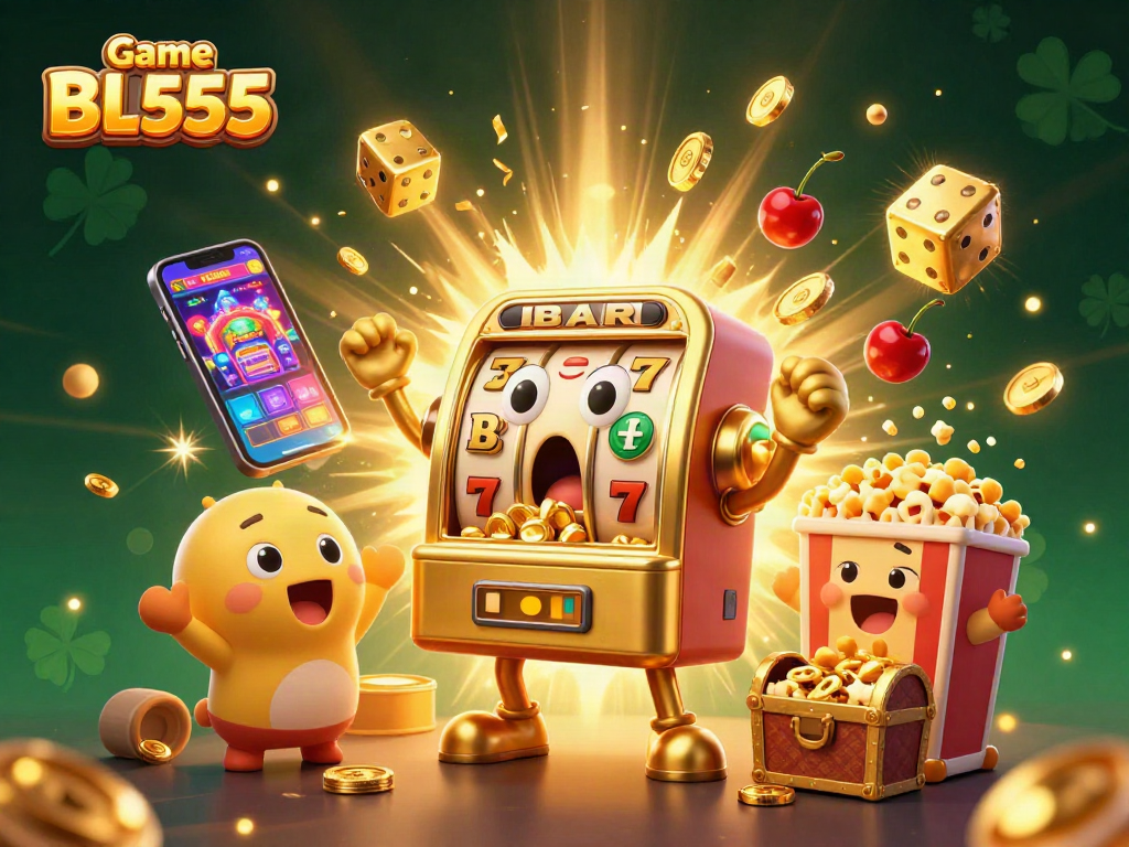 Win with Game BL555 as golden slot machines cheer in an exciting jackpot celebration.