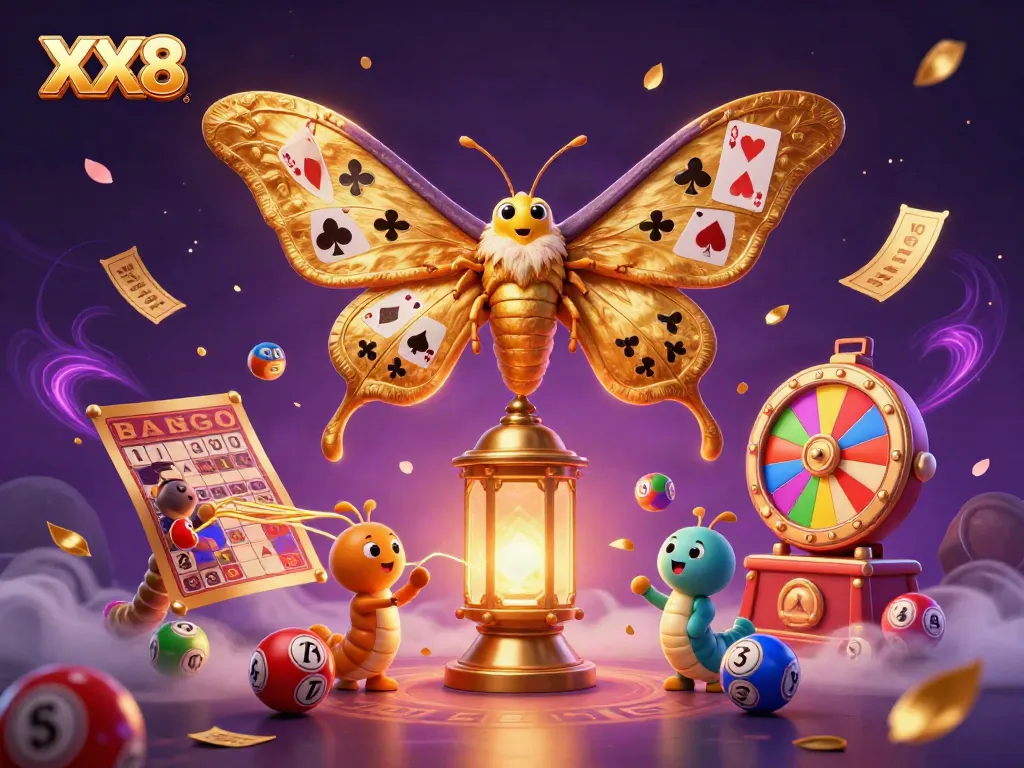 Experience the magic of XX8 with a vibrant 3D casino scene featuring a majestic moth and colorful gaming elements.