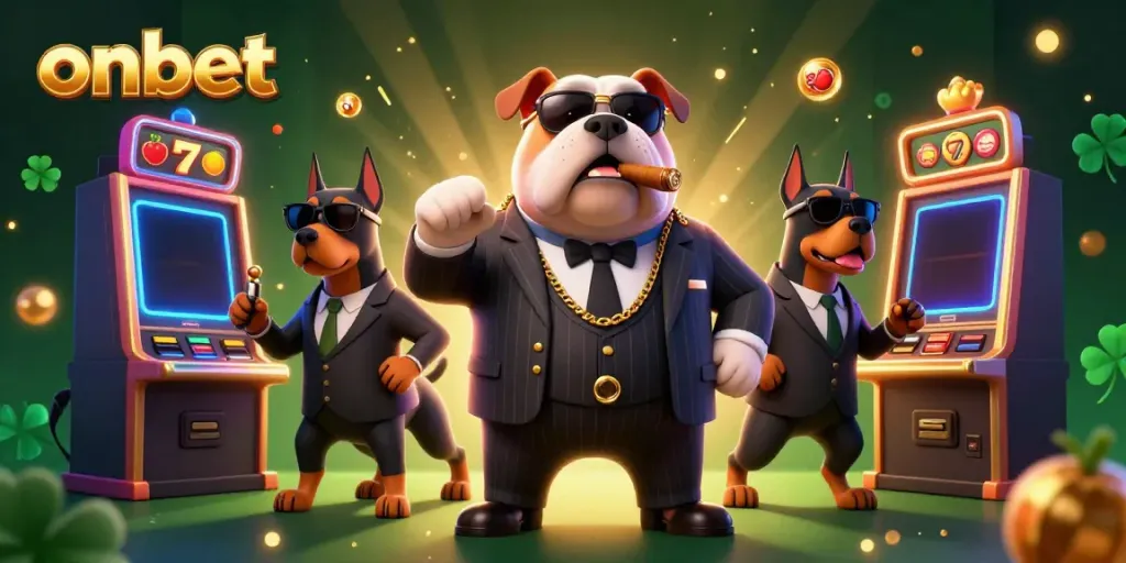 Win big at onbet casino with bold characters enjoying colorful slot machines and dynamic elements.
