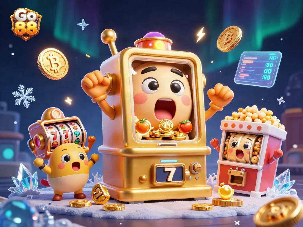 Engage with Go 88 as a golden slot machine celebrates a jackpot, surrounded by cheering mini slots and coins.