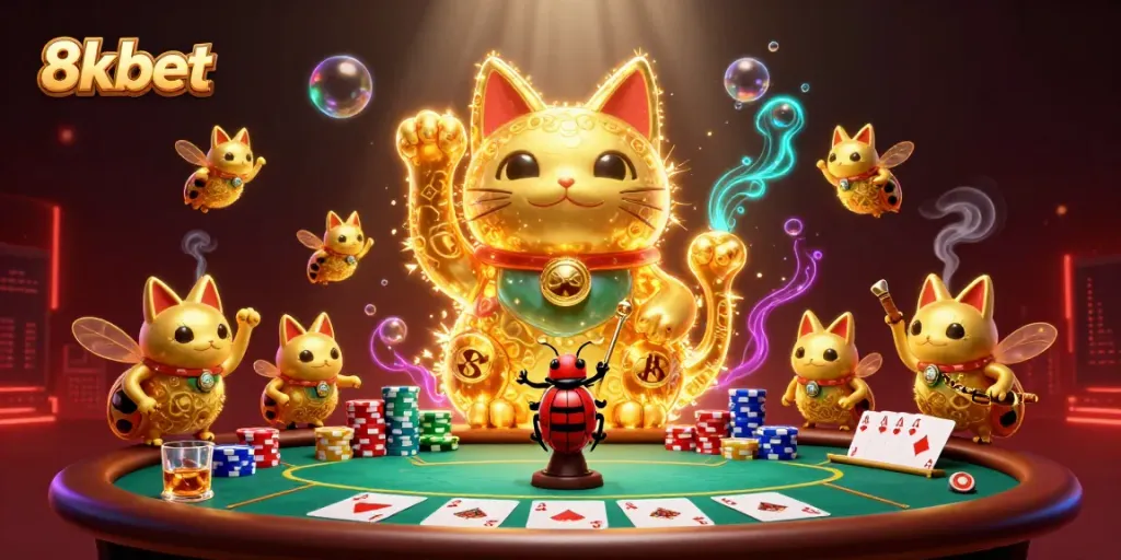 Engage with 8xbet's vibrant gaming experience featuring a dynamic lucky cat and poker elements.