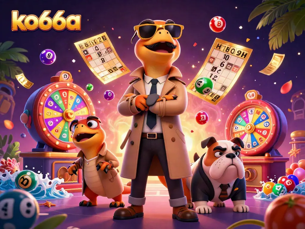 Engage in thrilling action at ko66a with colorful lottery balls and cartoon raptors in a casino setting.
