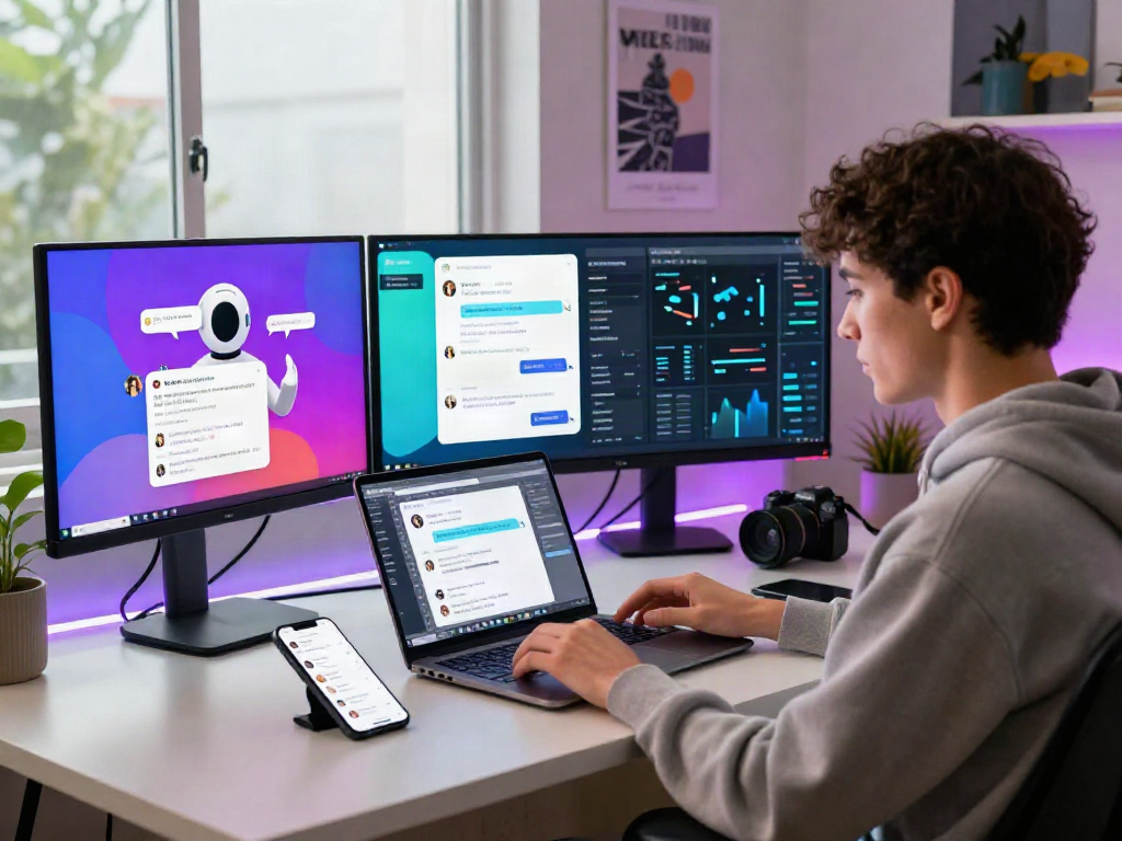 Engaging AI chat workspace showcasing NSFW interactions on colorful screens, featuring a modern digital setup.