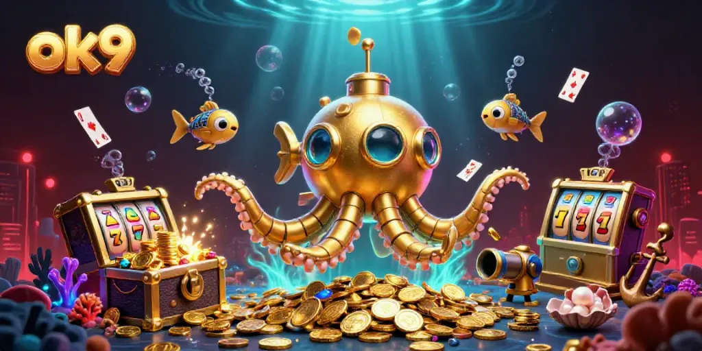 Engage with the ok9 world of thrilling casino adventures featuring a kraken submarine amidst a treasure sea.