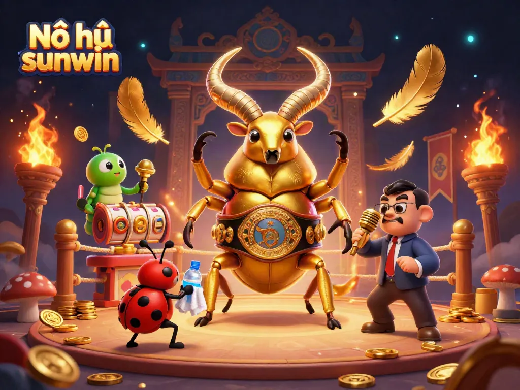 Nổ hũ sunwin with vibrant golden stag beetle in a boxing ring surrounded by slot elements and coins.