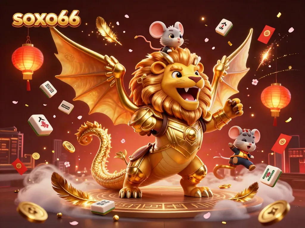 Engage with soxo66 casino adventures; a vibrant 3D fantasy scene featuring a chimera and mouse jockey amidst glowing elements and treasures.