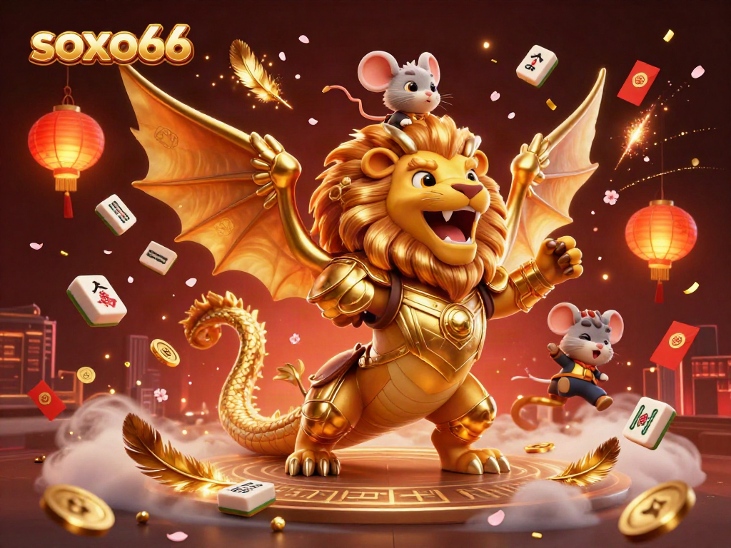 Engage with soxo66 casino adventures; a vibrant 3D fantasy scene featuring a chimera and mouse jockey amidst glowing elements and treasures.