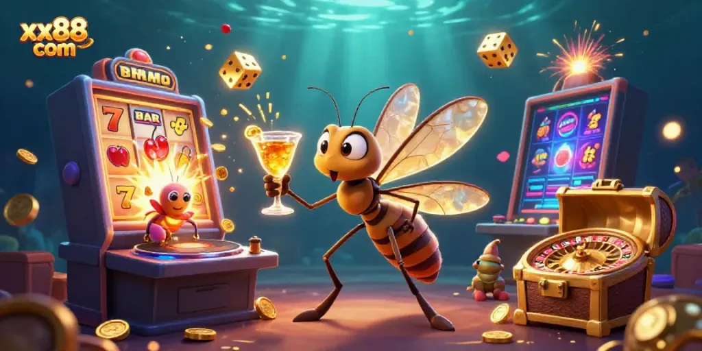 Experience thrilling games at xx88 com with a vibrant casino scene of animated characters and exciting elements.