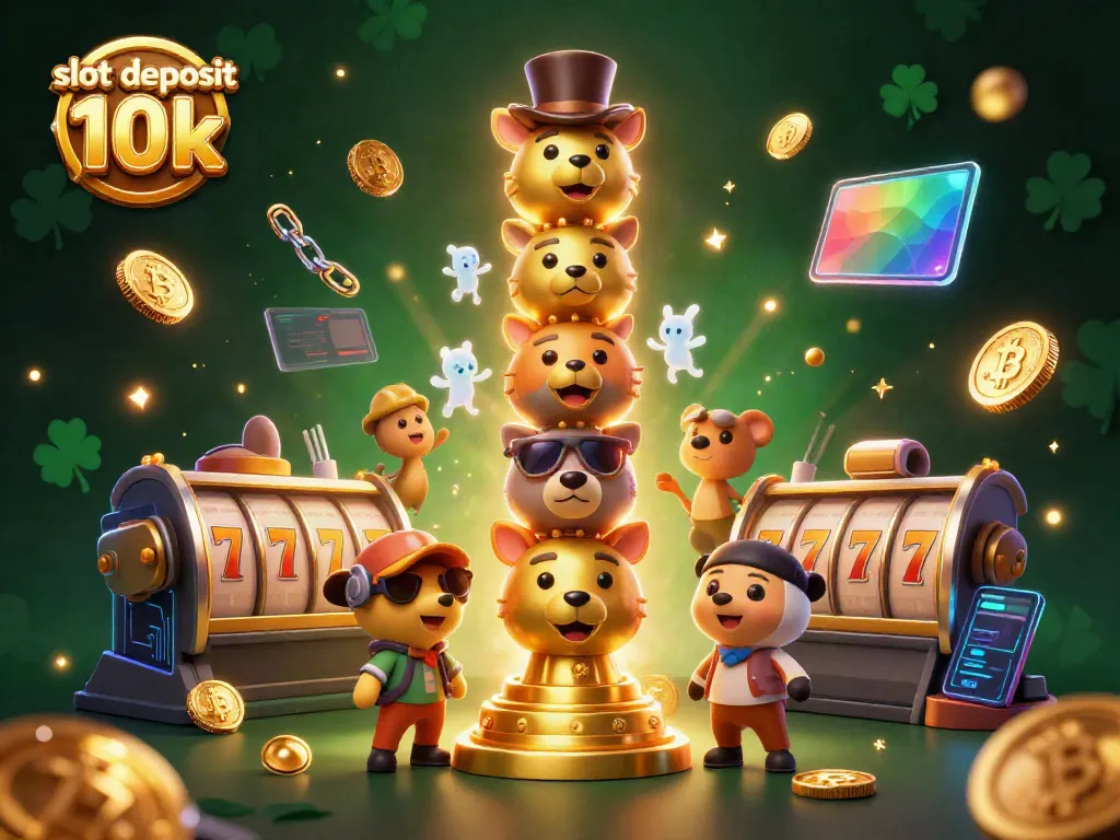 Bermain di slot deposit 10k dengan berbagai simbol keberuntungan dan elemen kripto yang dikelilingi cahaya bersinar.