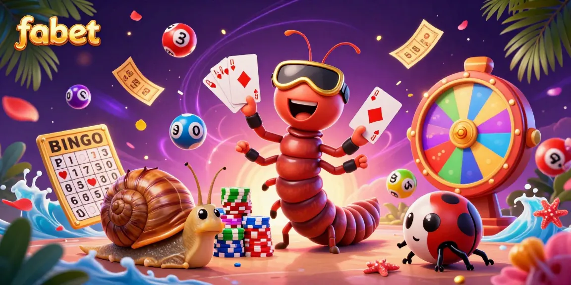 Experience the excitement at fabet with a lively 3D casino illustration featuring a millipede dealer and vibrant game elements.