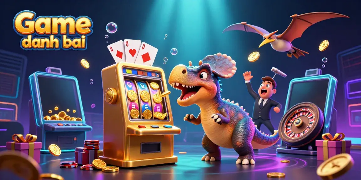 Experience Game danh bai excitement with dynamic dinosaur characters winning jackpots in a vibrant casino.