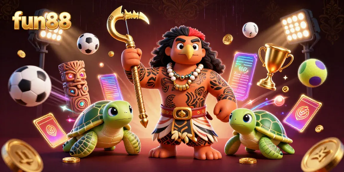 Experience fun88 with a vibrant 3D illustration showcasing sports betting excitement, featuring dynamic characters and casino elements.