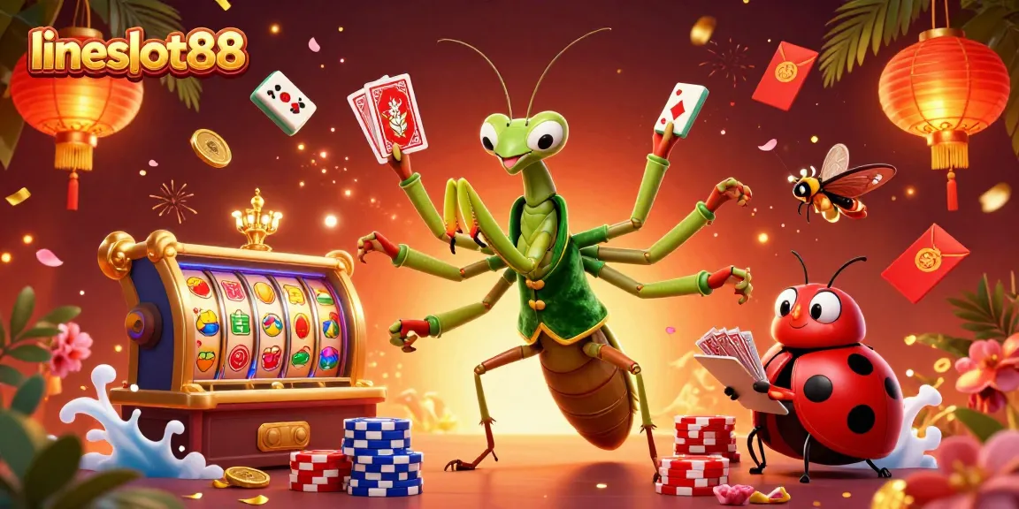 Engage with the vibrant lineslot88 casino scene featuring a giant mantis card sharp, ladybug pit boss, and lively game elements.
