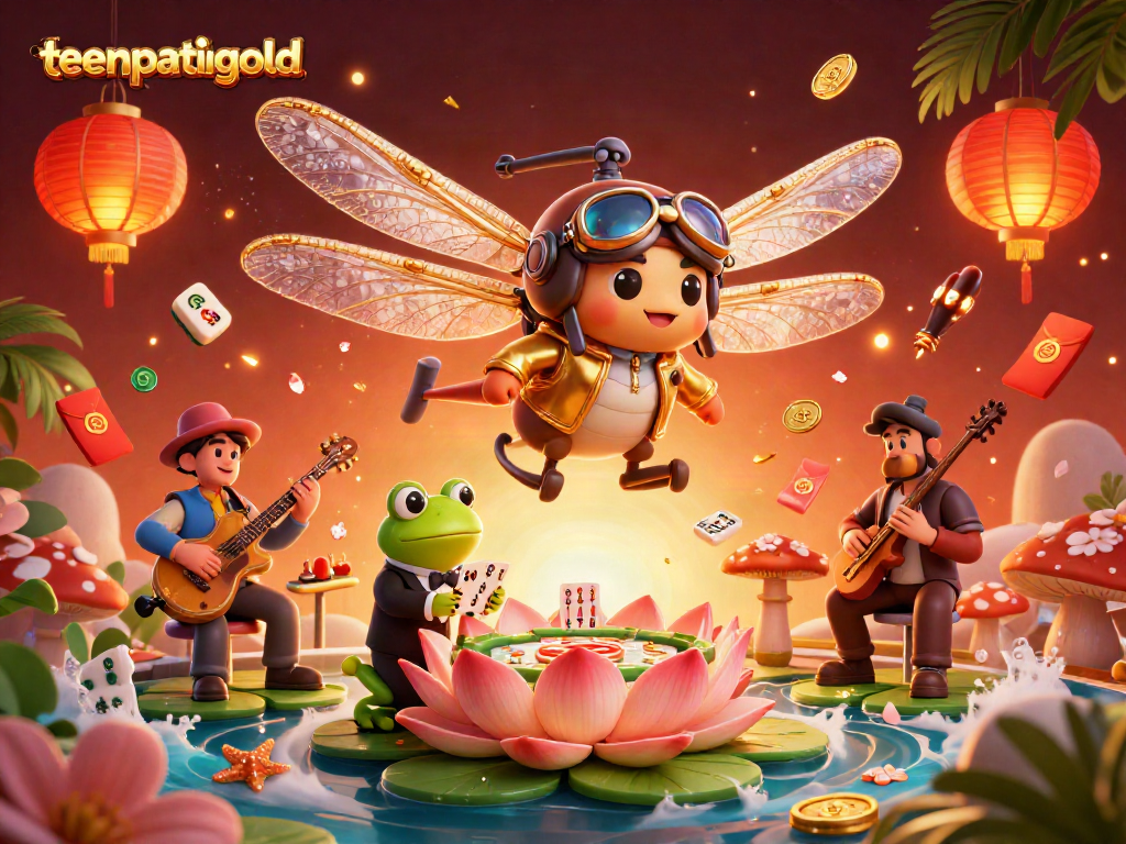 Experience the vibrant action in teenpatiigold as a dragonfly pilot hovers over a colorful casino scene with lively characters.