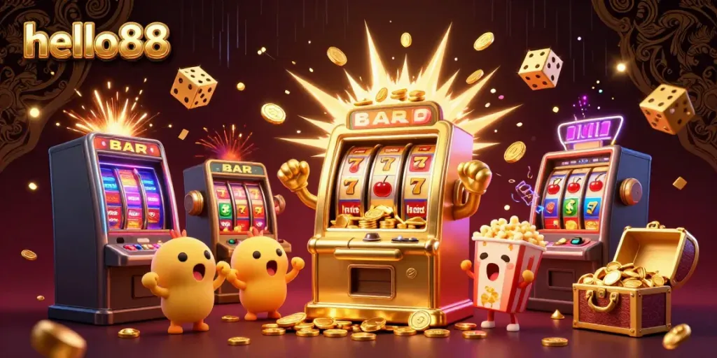 Experience the excitement of hello88 with a striking 3D illustration of animated slot machines celebrating jackpots in a vibrant casino atmosphere.