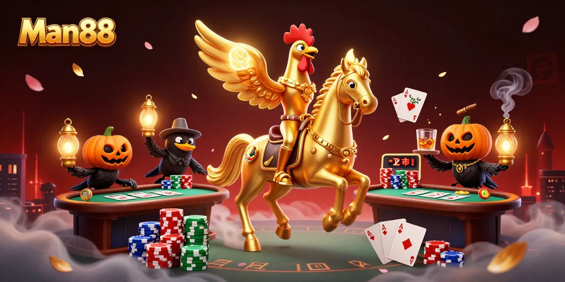 Experience thrilling wins at Man88's vibrant casino with golden rooster and poker elements.