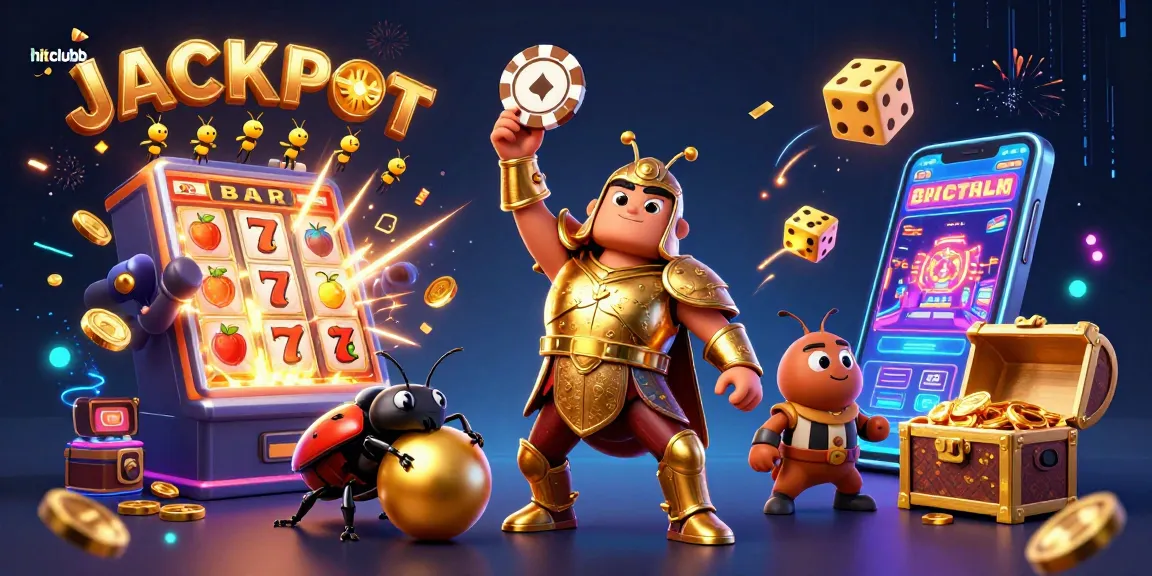 Engage with hitclubb as cartoon beetles celebrate a jackpot amidst vibrant casino elements.