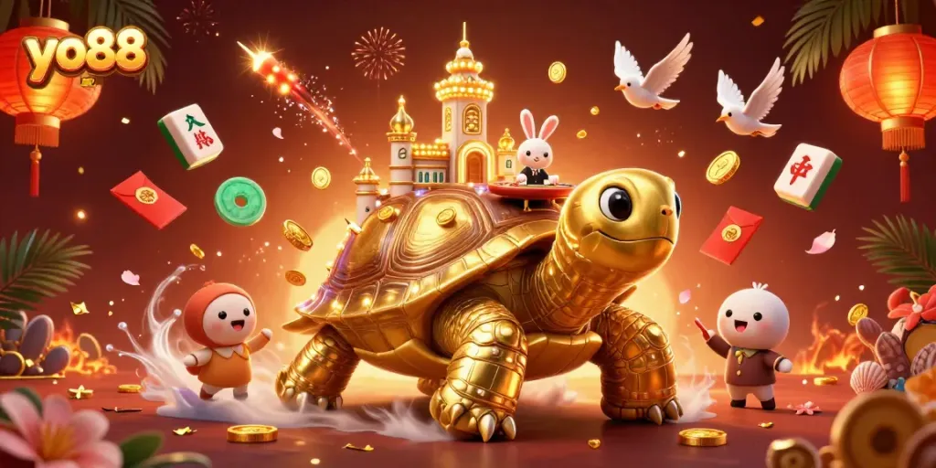 Win big at yo88 with a vibrant 3D illustration of a tortoise casino featuring a dealer and golden coins.