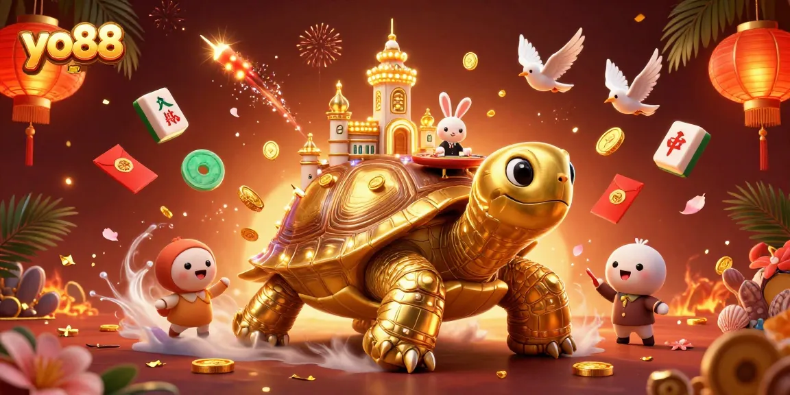 Win big at yo88 with a vibrant 3D illustration of a tortoise casino featuring a dealer and golden coins.