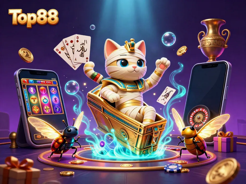 Experience Top88 action with a 3D mummy cat, golden coins, and floating cards in a pyramid casino.