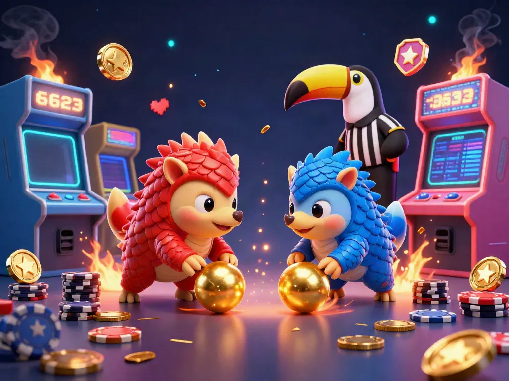 Engage with the dynamic 6623 gaming scene featuring rival pangolins rolling golden balls through poker chips, illuminated by stunning visuals.
