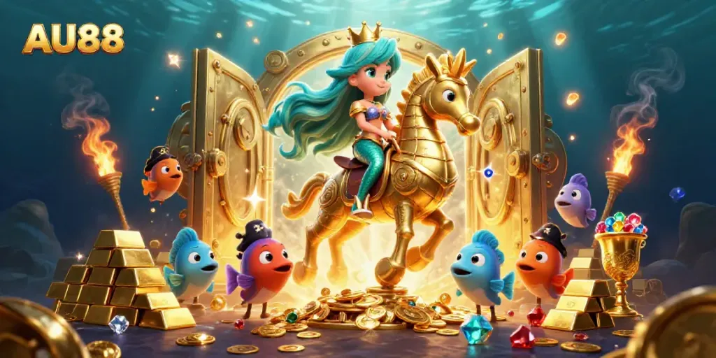 Experience the thrill of AU88's underwater casino world with a mermaid princess and treasures.
