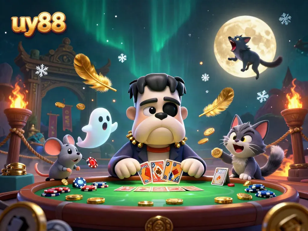 Experience the thrill at uy88 as a cartoon bulldog dealer and ghost mouse illuminate a vibrant casino.