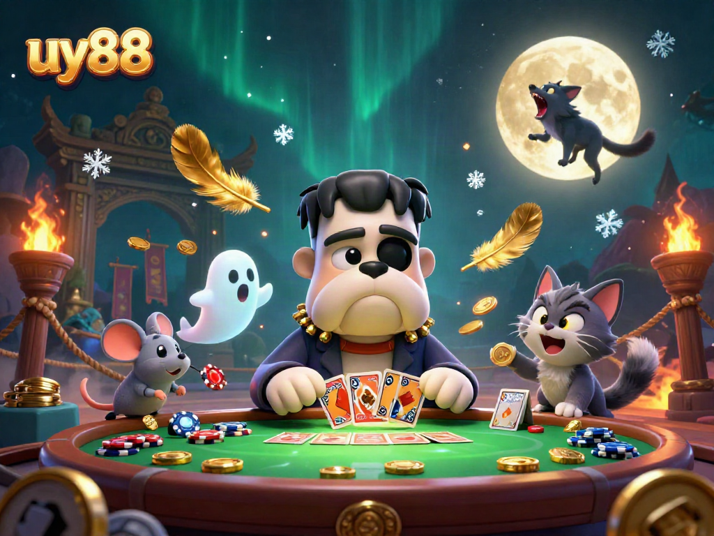 Experience the thrill at uy88 as a cartoon bulldog dealer and ghost mouse illuminate a vibrant casino.