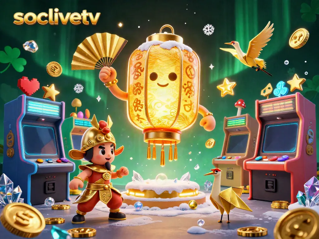 Socolivetv showcases vibrant fantasy gaming art featuring golden lantern spirit and gaming elements.