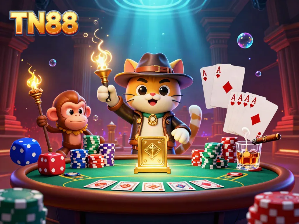 Engage in the thrilling world of TN88 with vibrant 3D cartoon characters exploring a casino temple.