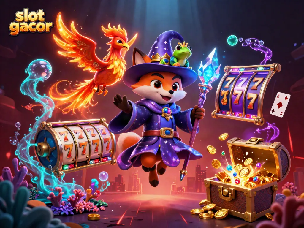 Menggoda pemain slot gacor dengan ilustrasi wizard kartun mengagumkan dan slot yang memikat.
