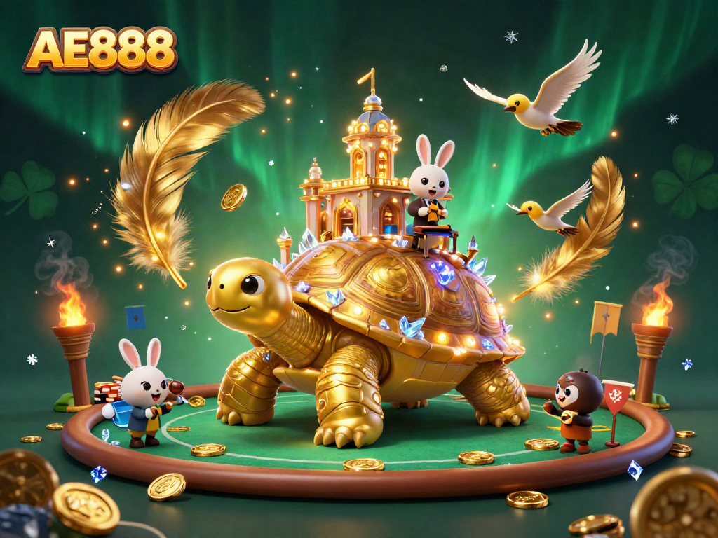 Engage with AE888 in a lively poker scene featuring a tortoise casino and whimsical characters.