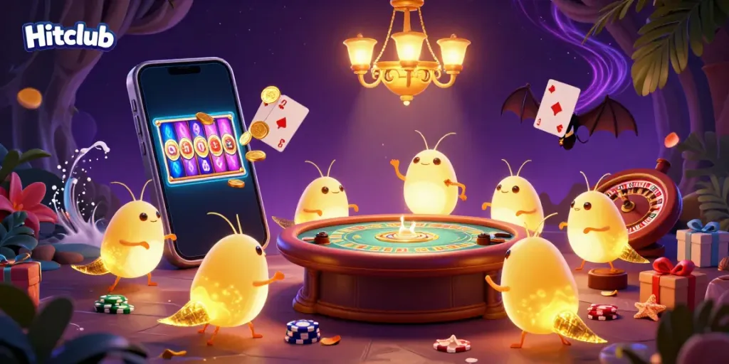 Hitclub showcases a vibrant casino atmosphere illuminated by glowing worms and an upside-down bat dealer.