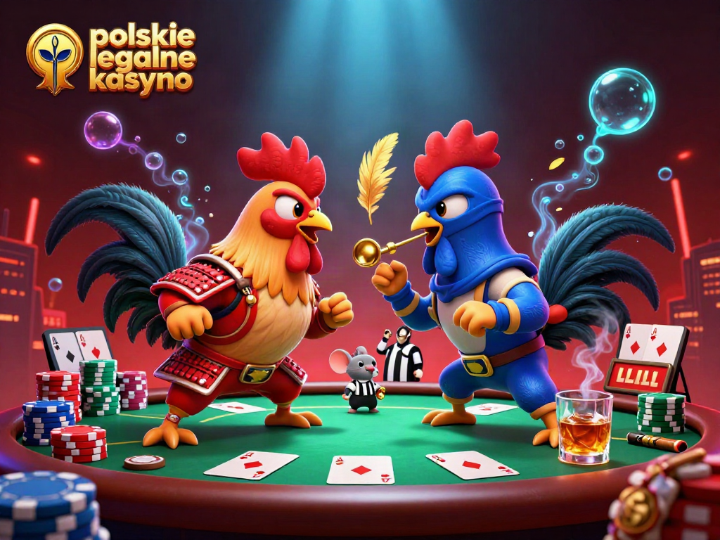 Engage in thrilling gameplay at polskie legalne kasyno with vibrant roosters battling amid poker elements.
