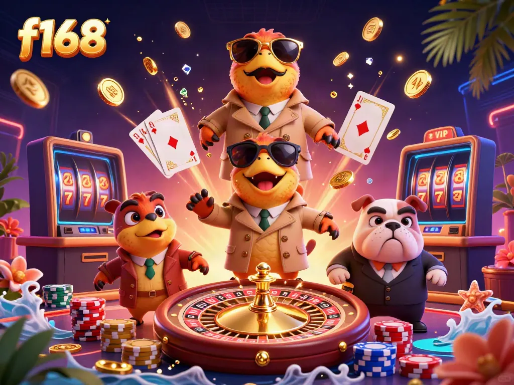 Experience thrilling fun at f168 with animated raptors in a VIP casino scene packed with action and gold.