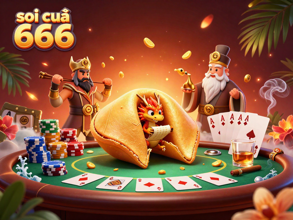 Engage with soi cầu 666 through this vibrant scene with a golden fortune cookie and poker elements.