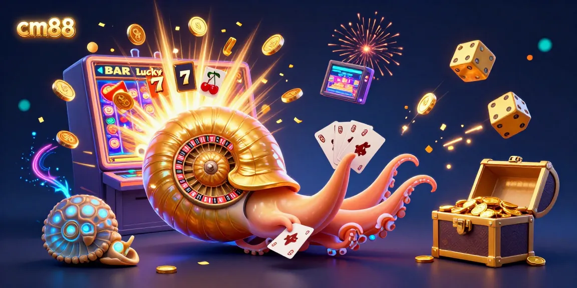 Experience cm88's thrilling casino atmosphere with a colorful jackpot scene featuring a giant nautilus and vibrant game elements.