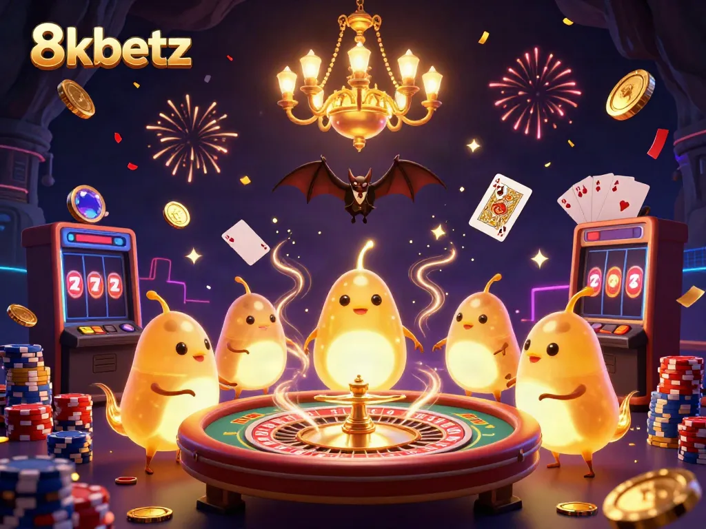Experience the vibrant 8xbetz casino scene with glowworms, golden coins, and festive confetti lighting up the environment.