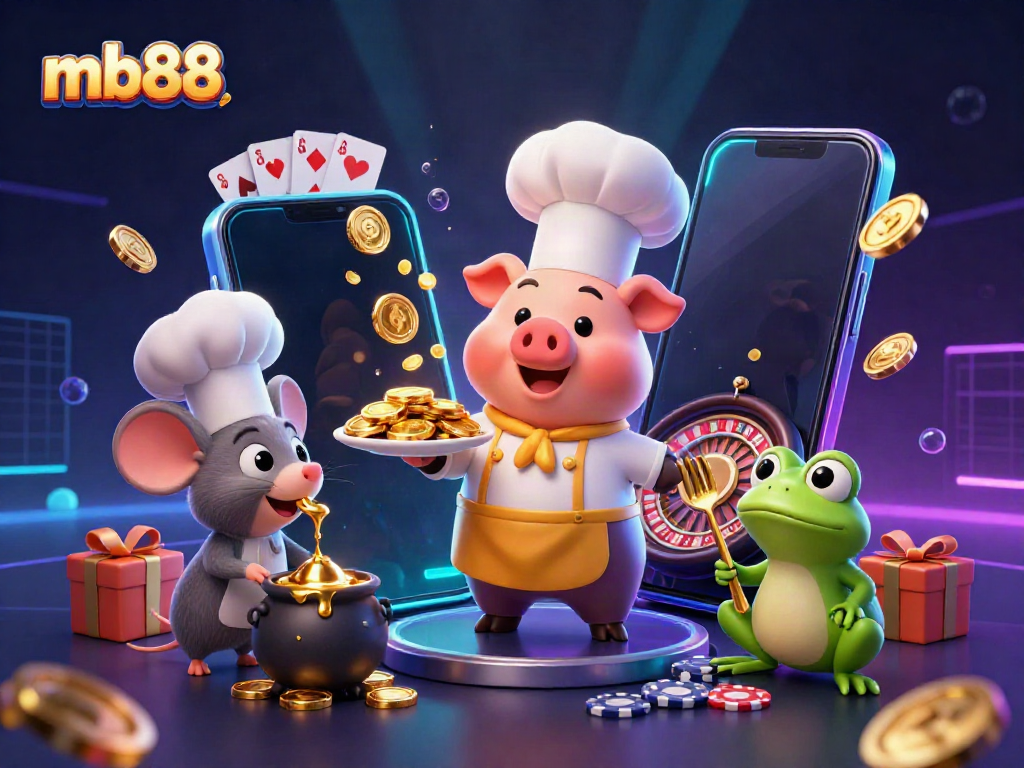 Engage in thrilling gameplay at mb88 with a gourmet display of gold coins as a pig chef prepares exciting casino elements.