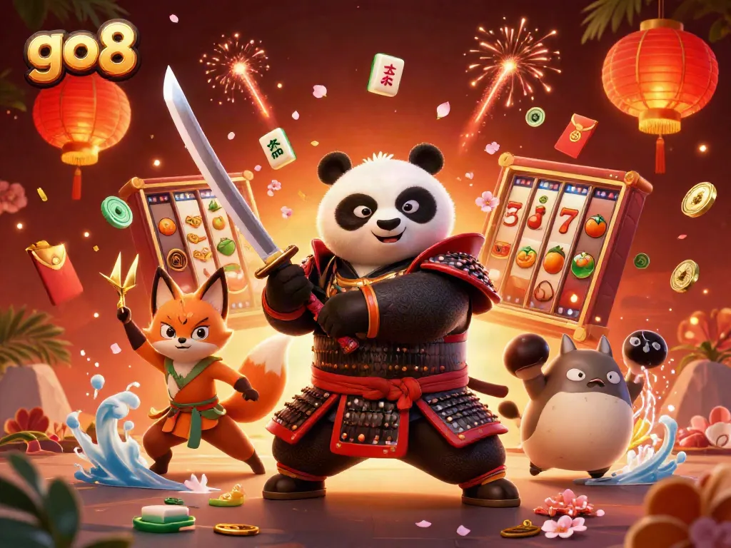 Engage with go8's vibrant casino world featuring samurai panda and ninja fox amidst fortune symbols.