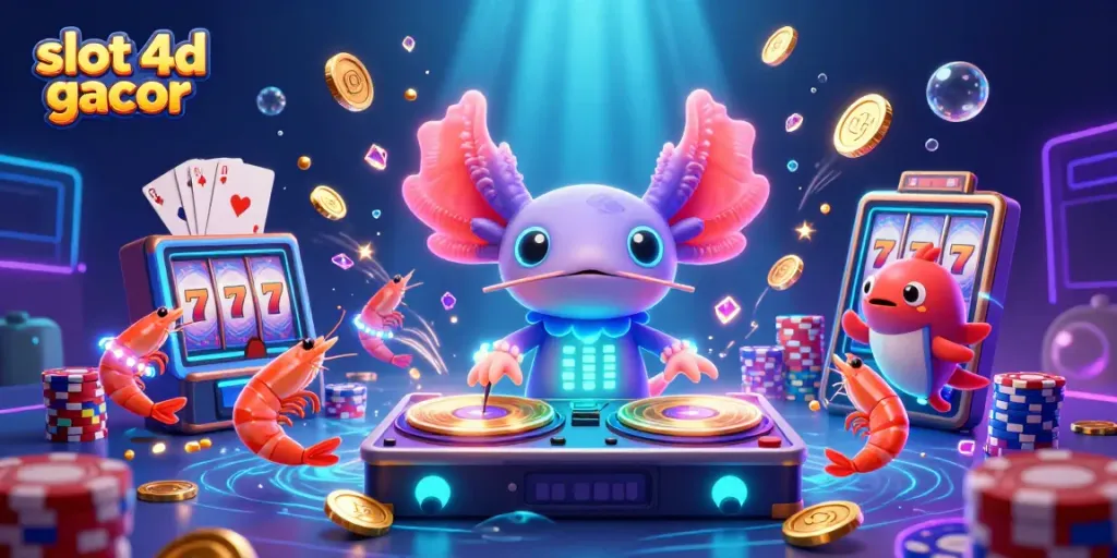 Slot 4d gacor tampil memukau dengan ilustrasi neon DJ axolotl yang memutar cakram emas.