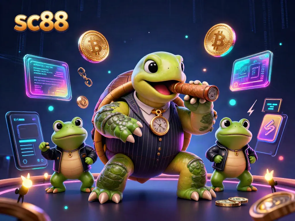 Experience the thrilling ambiance of sc88 with a vibrant turtle mobster surrounded by neon crypto elements.