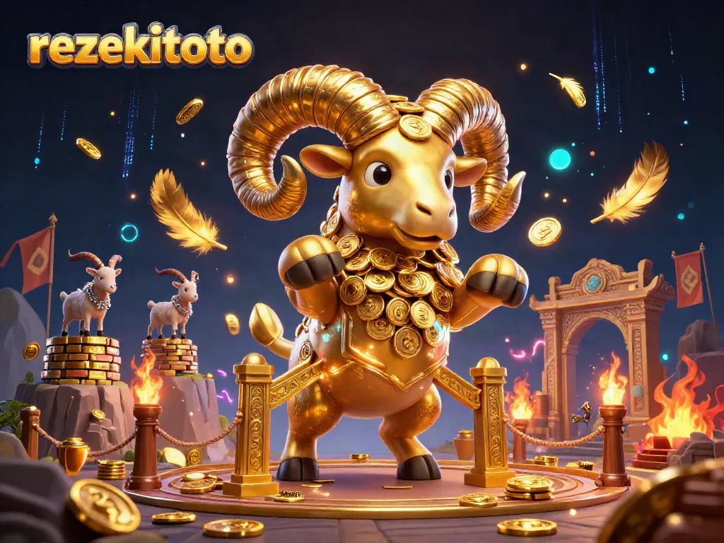 Rezekitoto showcases a golden ram charging at a casino gate, surrounded by vibrant betting elements.